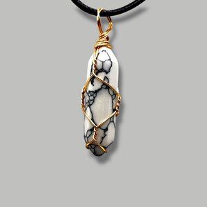 Wire-Wrapped Howlite Pendant Necklace On Black Cord With Adjustable Chain